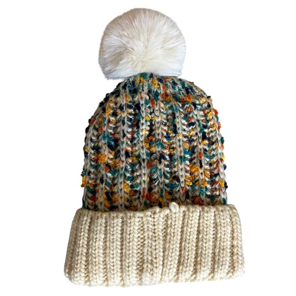 Polar Extreme Women's Knit Beanie Hat with Pompom OS Beige Green Fleece Lining - Picture 5 of 7